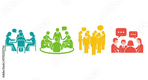 Illustrations depict people engaged in various collaborative discussions and meetings fostering teamwork and idea exchange