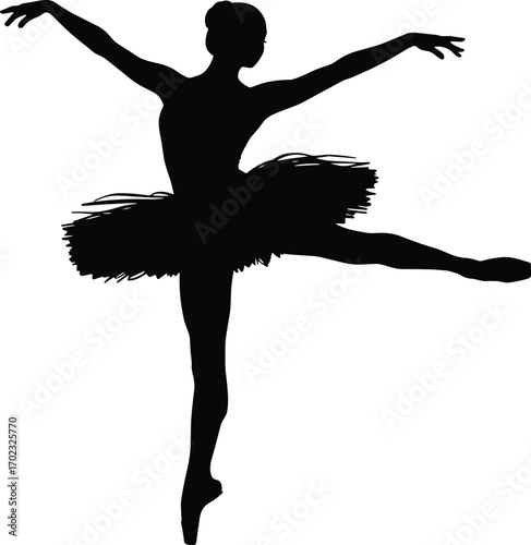 Ballet dancer silhouette in tutu, elegant pose on one leg, black and white vector illustration, minimal design, graceful movement icon