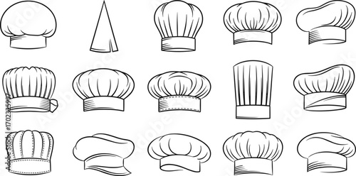 Set of 15 chef hat icons, black and white illustration, various culinary styles, kitchen uniform design, minimal food service art