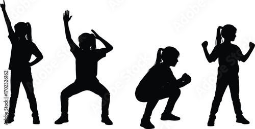 Silhouettes of children striking expressive poses, playful movement, body language, confidence, energy, black and white, casual outfit, white background