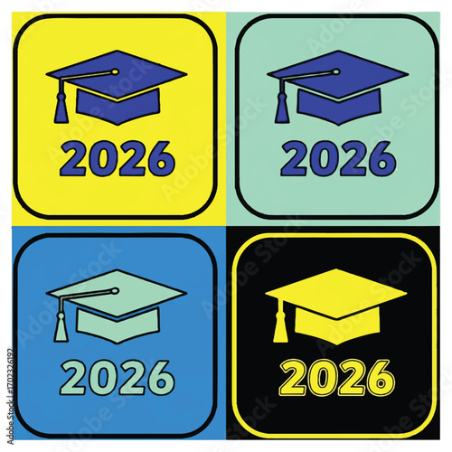 Four graduation caps with 2026 on colorful backgrounds.