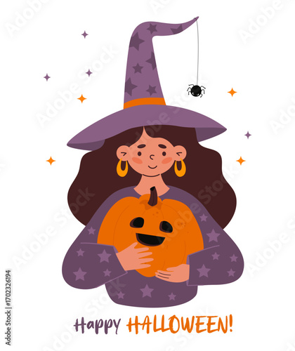 Halloween Cute Witch Girl In Hat with Spider and Pumpkin lantern Jack. Autumn holiday Happy female Character. Vector illustration. Not AI