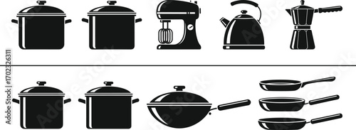 Set of kitchen cookware and appliances, black silhouette style, cooking pots, mixer, kettle, moka pot, frying pans, minimal design