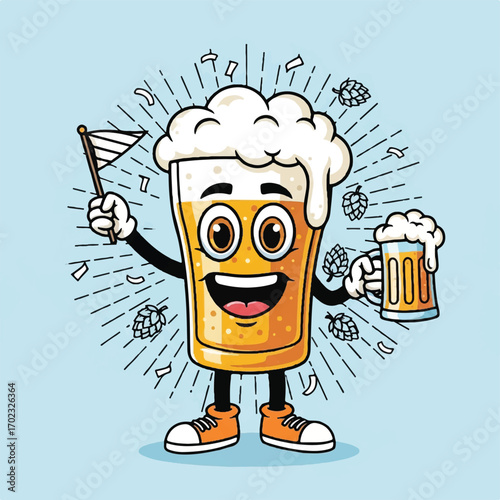 Cartoon beer glass character holding a flag and a beer glass, surrounded by hops and sunburst effects.