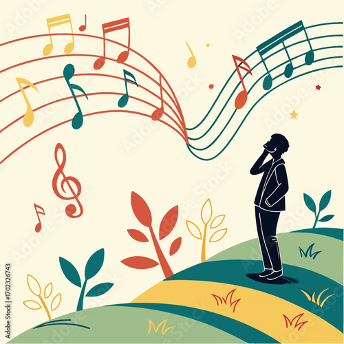 Silhouette of a Man Listening to Music in a Serene Landscape