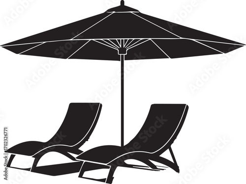 Minimalist black silhouette of two deck chairs under a large patio umbrella, a vector graphic symbolizing leisure, relaxation, and a sunny vacation by the pool or on the beach