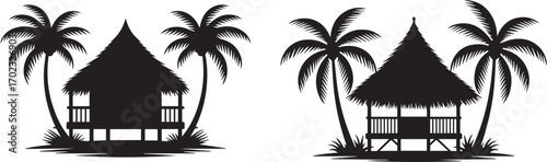 Silhouettes of idyllic tropical beach bungalows nestled amongst swaying palm trees, evoking a sense of tranquil island escape and ultimate relaxation