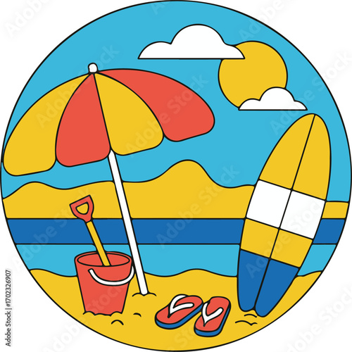 Vibrant cartoon illustration depicting a sunny beach scene with essential summer vacation items, perfect for a relaxing seaside getaway and outdoor leisure