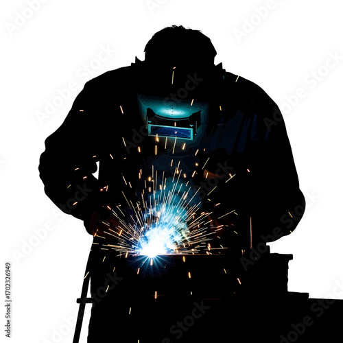 Welder silhouette working with sparks isolated on white background