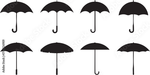 A collection of eight black umbrella silhouettes showcasing various canopy and handle designs. Vector icon set for weather, rain protection, and graphic design elements isolated on white