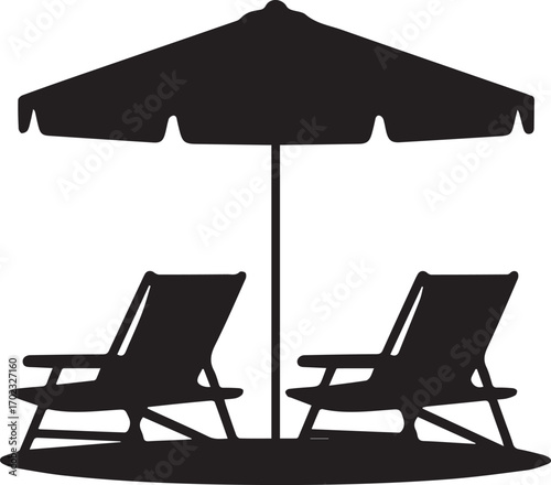 Iconic silhouette of two lounge chairs under a large umbrella, representing serene relaxation and the perfect vacation getaway