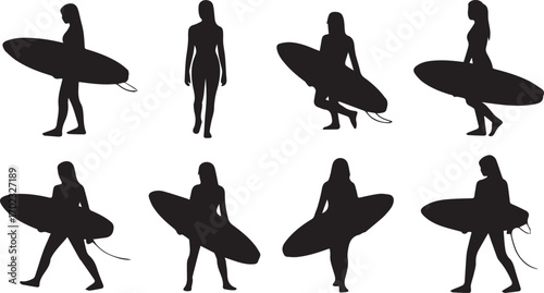 A versatile collection of elegant female surfer silhouettes, showcasing women carrying surfboards in diverse poses, perfect for active beach lifestyle and exciting ocean sports design projects