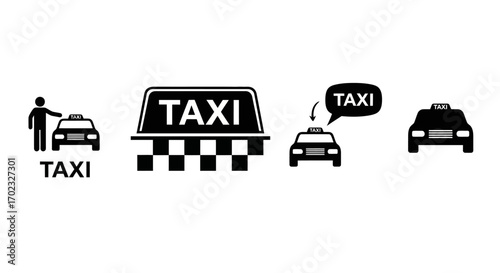Collection of Simple Black and White Taxi Icons Illustrating Transportation Services and Vehicles