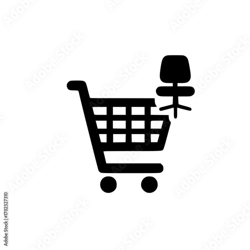 Chair icon in shopping cart representing furniture ecommerce and modern home decor retail concept