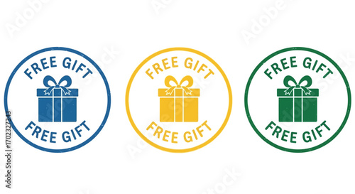 Colorful Round Free Gift Stickers With Presents and Ribbons Representing Special Offers and Promotions