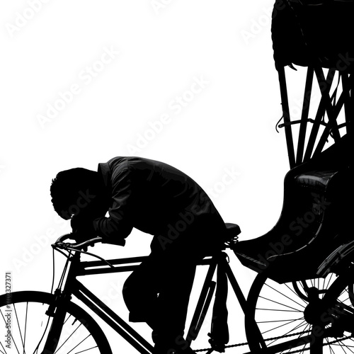 Man resting on a bicycle rickshaw silhouette isolated on white background