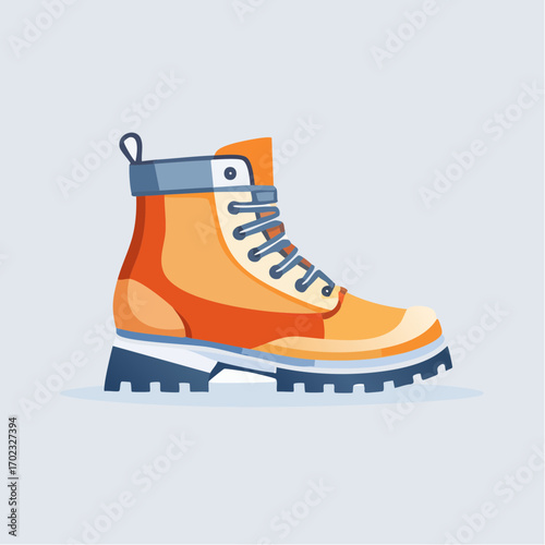 Illustration of a single hiking boot design in vibrant orange and blue tones, isolated