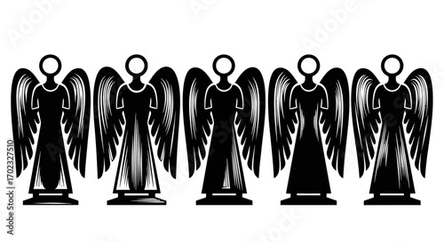 A line of five black silhouette angelic figures with large feathered wings and halos stands against a white background showing intricate feather detailing on the wings and robes