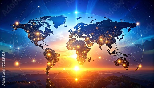 Global mobile connectivity illustration — world map made of glowing dots and lines, smartphones at nodes, warm-to-cool gradient background”