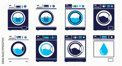 A Collection of Modern Front Loading Washing Machines with Digital Displays Showing Water Levels and Cycles