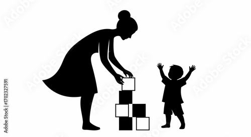 Silhouette of a mother and child playing with building blocks in a happy moment of bonding and learning together