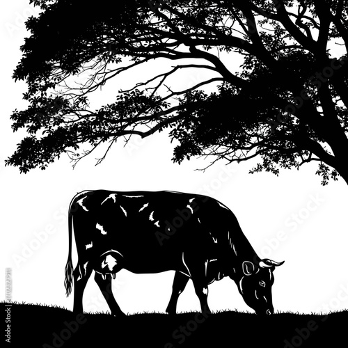 Cow grazing under a large tree silhouette isolated on white background