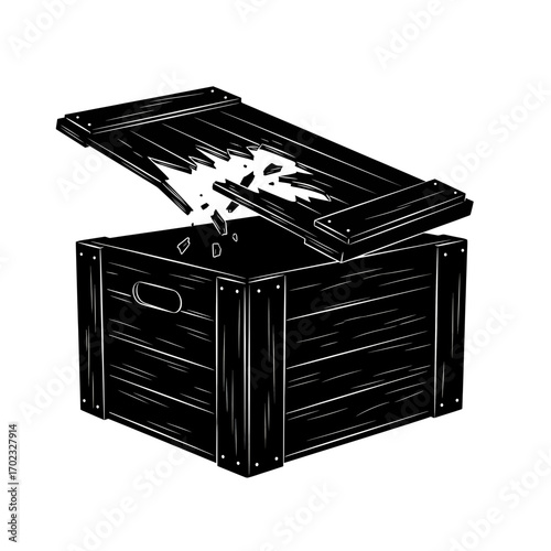 Broken wooden crate silhouette isolated on white background