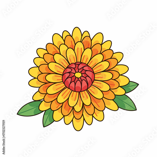 A vibrant, detailed illustration of a blooming chrysanthemum flower with yellow and orange petals and a red center, accompanied by green leaves.