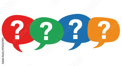 Four Colorful Speech Bubbles Each Containing a White Question Mark Suggesting a Query or Discussion