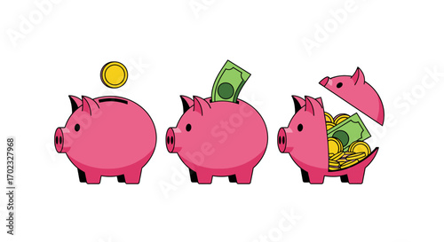 Visualizing the Concept of Saving Money Over Time with a Piggy Bank Growing Full of Coins and Bills