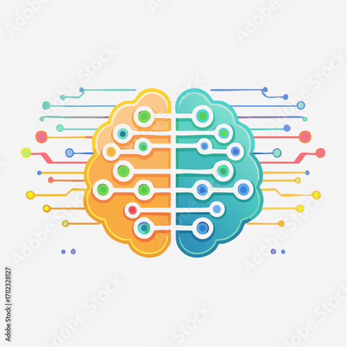 Illustration of a stylized brain divided into two hemispheres with circuit-like elements