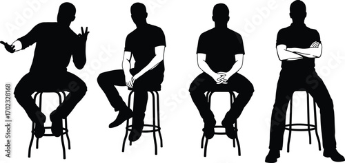 Silhouette people sitting on stools, body language poses, black and white vector illustration, minimal design, nonverbal communication concept art