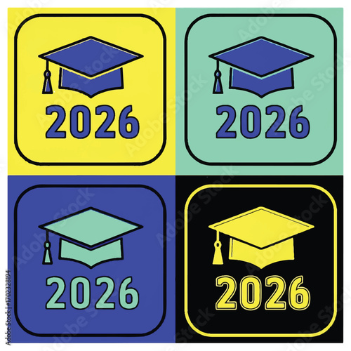 Graduation year 2026 graphic with mortarboard and tassel in four color variations.