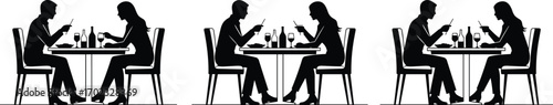 Silhouettes of couples dining with smartphones, modern social behavior, technology distraction, repetition concept, white background, interpersonal disconnect, minimal art
