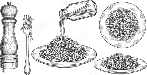 spaghetti, pasta, food, fork, plate, pepper, jar, meal, black, white, vintage, illustration, minimal, dinner, serving