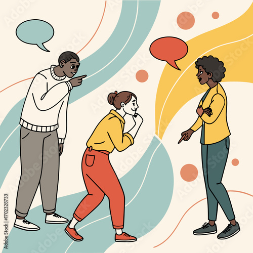 Three People in Animated Discussion with Pointing Gestures