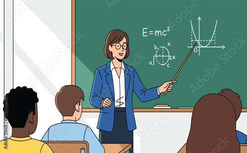 Teacher Explaining Mathematics with Chalkboard in Classroom Setting