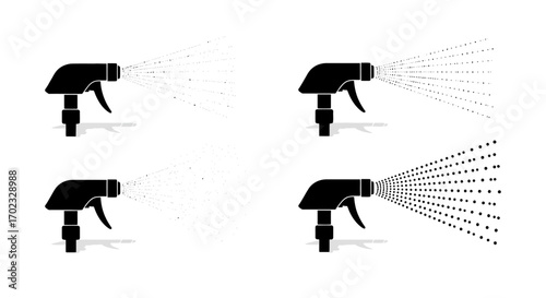 Collection of Silhouetted Spray Bottles Demonstrating Different Spray Patterns and Liquid Distribution Effects
