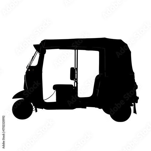 Black silhouette of a three wheeled auto rickshaw isolated on white background