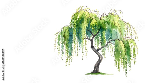 Watercolor illustration of a weeping willow tree