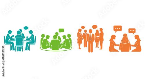 Diverse Groups of People Collaborating and Discussing Ideas in Various Meeting Formations