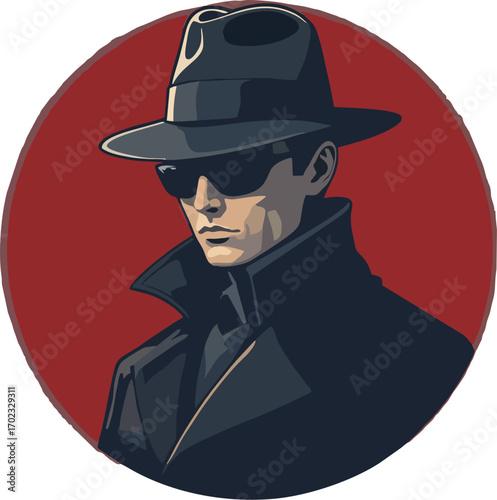 Stylish Noir Spy Character in Black Fedora and Trench Coat on Red Circle
