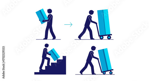 Illustrations of safely and efficiently moving heavy boxes and objects using helpful tools and techniques