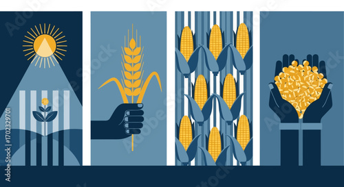 Illustrations depict the journey of crops from sunlight and soil to harvest and abundance