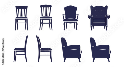 Collection of Silhouette Illustrations Showcasing Various Styles of Chairs and Armchairs Seen from Front and Side Perspectives