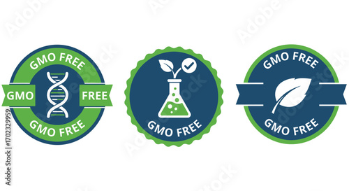 Round Badges Indicating Products Are Free From Genetically Modified Organisms Including A DNA Strand A Flask With Leaves And A Leaf Symbol