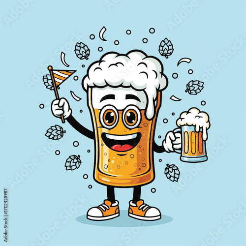A cheerful cartoon beer glass character holding a flag and a smaller mug, surrounded by floating hops.