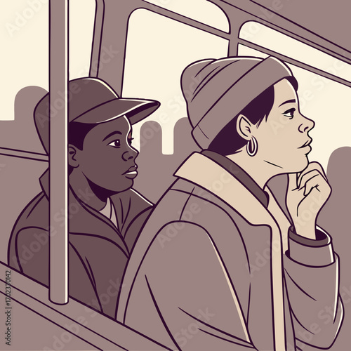 Two Young Adults Riding a City Bus