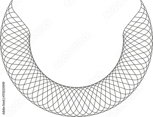 Circular mesh geometry formed by densely layered arcs crossing symmetrically.