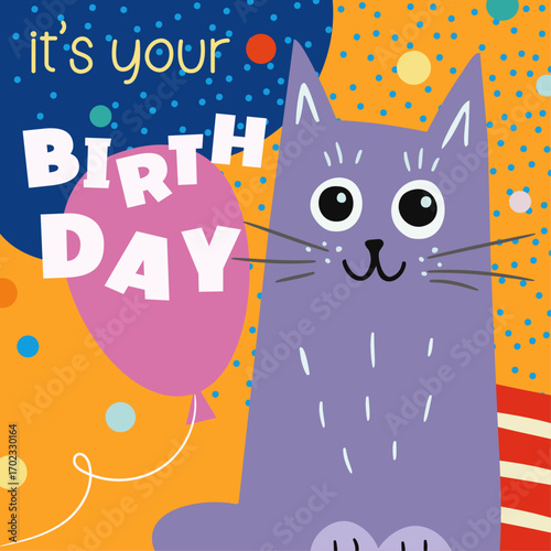  birth day card or invitation with cat, hand drawn vector illustration